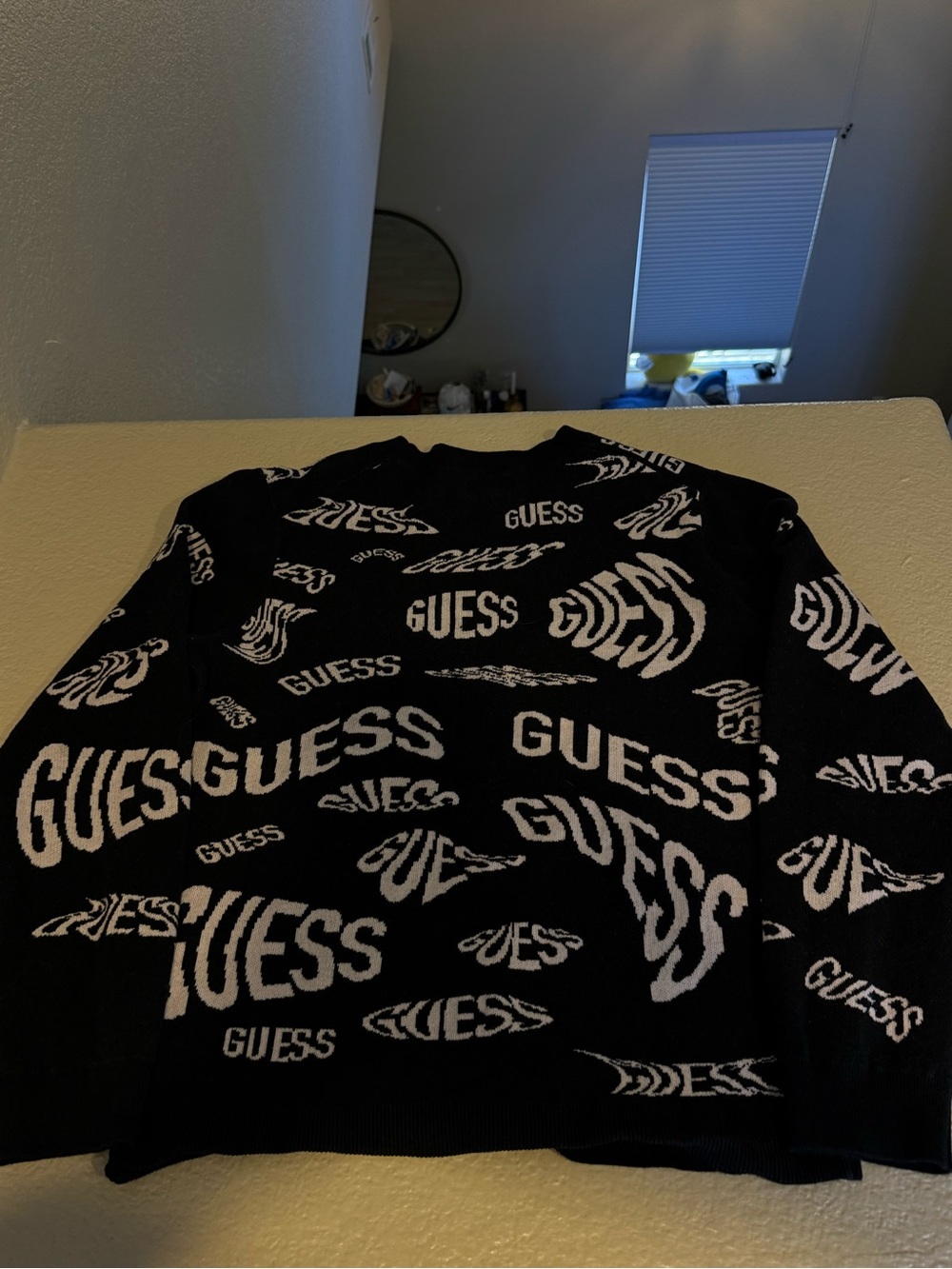 Guess Black Crewneck Sweater with White All-Over Logo